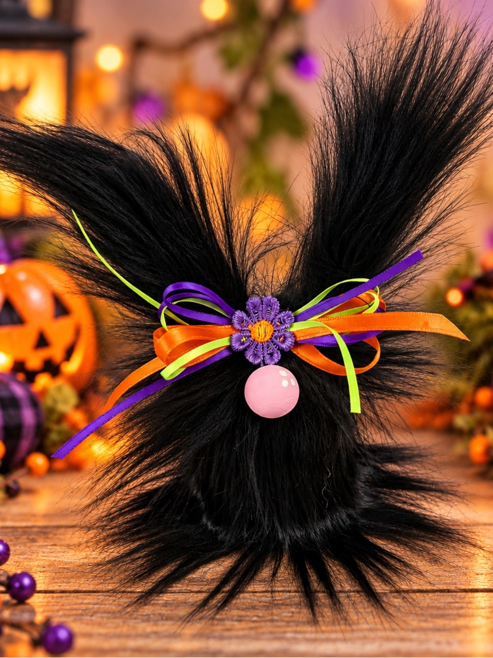 Halloween Frazzled Gnome Black Bunny, Handmade Faux Fur Decor
